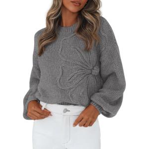 imagePRETTYGARDEN Womens Sweaters 2026 Fall Fashion Long Sleeve Crewneck Floral Knit Pullover Sweater Tops Winter ClothesDark Grey