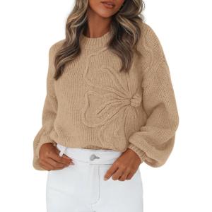 imagePRETTYGARDEN Womens Sweaters 2026 Fall Fashion Long Sleeve Crewneck Floral Knit Pullover Sweater Tops Winter ClothesKhaki