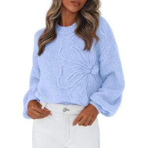 imagePRETTYGARDEN Womens Sweaters 2026 Fall Fashion Long Sleeve Crewneck Floral Knit Pullover Sweater Tops Winter ClothesLight Blue