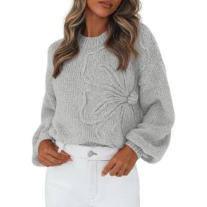 imagePRETTYGARDEN Womens Sweaters 2026 Fall Fashion Long Sleeve Crewneck Floral Knit Pullover Sweater Tops Winter ClothesLight Grey