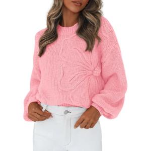 imagePRETTYGARDEN Womens Sweaters 2026 Fall Fashion Long Sleeve Crewneck Floral Knit Pullover Sweater Tops Winter ClothesPink