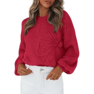 imagePRETTYGARDEN Womens Sweaters 2026 Fall Fashion Long Sleeve Crewneck Floral Knit Pullover Sweater Tops Winter ClothesRed
