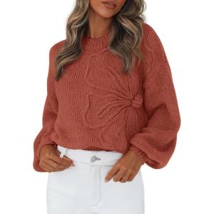 imagePRETTYGARDEN Womens Sweaters 2026 Fall Fashion Long Sleeve Crewneck Floral Knit Pullover Sweater Tops Winter ClothesRed Brown