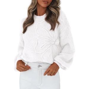 imagePRETTYGARDEN Womens Sweaters 2026 Fall Fashion Long Sleeve Crewneck Floral Knit Pullover Sweater Tops Winter ClothesWhite