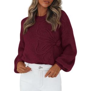 imagePRETTYGARDEN Womens Sweaters 2026 Fall Fashion Long Sleeve Crewneck Floral Knit Pullover Sweater Tops Winter ClothesWine Red