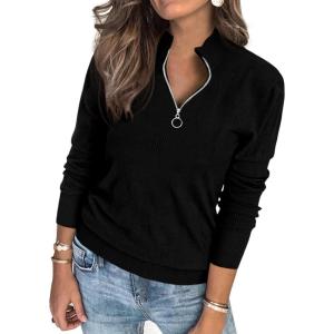 imagePRETTYGARDEN Womens Sweaters Quarter Zip Knit Long Sleeve Business Casual Pullover Tops 2026 Fall Fashion Work OutfitsBlack