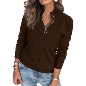 imagePRETTYGARDEN Womens Sweaters Quarter Zip Knit Long Sleeve Business Casual Pullover Tops 2026 Fall Fashion Work OutfitsBrown