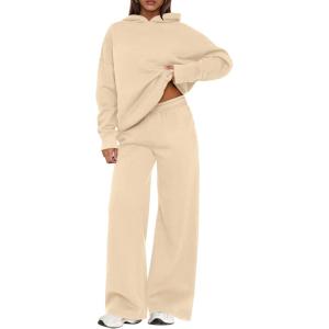 imagePRETTYGARDEN Womens Sweatsuits 2 Piece Set 2026 Casual Winter Long Sleeve Hoodie Loose Wide Leg Sweatpants Fall TracksuitBeige