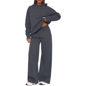 imagePRETTYGARDEN Womens Sweatsuits 2 Piece Set 2026 Casual Winter Long Sleeve Hoodie Loose Wide Leg Sweatpants Fall TracksuitDark Grey