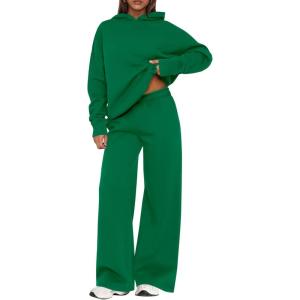 imagePRETTYGARDEN Womens Sweatsuits 2 Piece Set 2026 Casual Winter Long Sleeve Hoodie Loose Wide Leg Sweatpants Fall TracksuitGreen