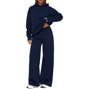 imagePRETTYGARDEN Womens Sweatsuits 2 Piece Set 2026 Casual Winter Long Sleeve Hoodie Loose Wide Leg Sweatpants Fall TracksuitNavy Blue