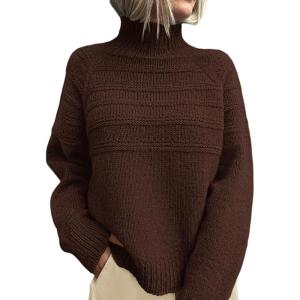 imagePRETTYGARDEN Womens Turtleneck Sweaters 2026 Fall Chunky Knit Pullover Long Sleeve Jumper Tops Trendy Winter ClothesBrown