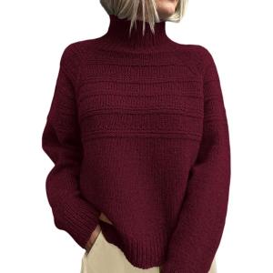 imagePRETTYGARDEN Womens Turtleneck Sweaters 2026 Fall Chunky Knit Pullover Long Sleeve Jumper Tops Trendy Winter ClothesBurgundy