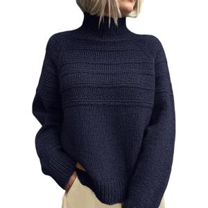 imagePRETTYGARDEN Womens Turtleneck Sweaters 2026 Fall Chunky Knit Pullover Long Sleeve Jumper Tops Trendy Winter ClothesNavy Blue