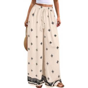 imagePRETTYGARDEN Womens Wide Leg Palazzo Pants 2026 Summer Boho Floral Trousers Spring Flowy Beach Vacation Clothes Resort WearApricot Black