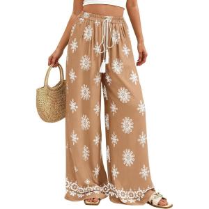 imagePRETTYGARDEN Womens Wide Leg Palazzo Pants 2026 Summer Boho Floral Trousers Spring Flowy Beach Vacation Clothes Resort WearKhaki
