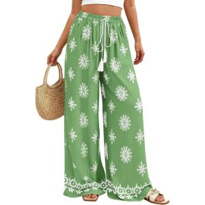 imagePRETTYGARDEN Womens Wide Leg Palazzo Pants 2026 Summer Boho Floral Trousers Spring Flowy Beach Vacation Clothes Resort WearLight Green