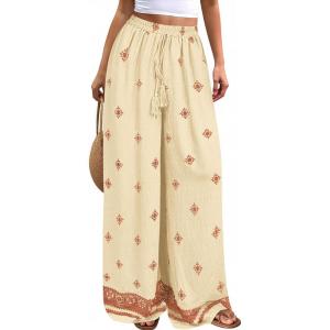 imagePRETTYGARDEN Womens Wide Leg Palazzo Pants 2026 Summer Boho Floral Trousers Spring Flowy Beach Vacation Clothes Resort WearLight Yellow Brick Red