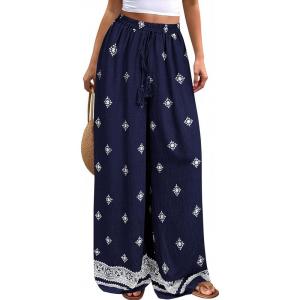 imagePRETTYGARDEN Womens Wide Leg Palazzo Pants 2026 Summer Boho Floral Trousers Spring Flowy Beach Vacation Clothes Resort WearNavy Blue