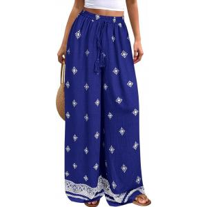 imagePRETTYGARDEN Womens Wide Leg Palazzo Pants 2026 Summer Boho Floral Trousers Spring Flowy Beach Vacation Clothes Resort WearRoyal Blue