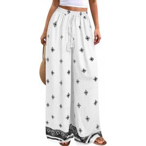 imagePRETTYGARDEN Womens Wide Leg Palazzo Pants 2026 Summer Boho Floral Trousers Spring Flowy Beach Vacation Clothes Resort WearWhite Black