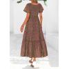 imagePRETTYGARDEN Boho Dresses for Women 2026 Summer Floral Short Sleeve V Neck Smocked Flowy Beach Vacation Maxi DressGreen Red Floral