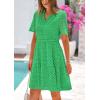 imagePRETTYGARDEN Eyelet Dresses for Women 2026 Summer Short Sleeve V Neck Hollow Out Ruffle A Line Boho Beach Vacation Mini DressGreen