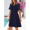 imagePRETTYGARDEN Eyelet Dresses for Women 2026 Summer Short Sleeve V Neck Hollow Out Ruffle A Line Boho Beach Vacation Mini DressNavy