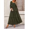 imagePRETTYGARDEN Fall Dresses for Women 2026 Long Sleeve Smocked Square Neck Swiss Dot Tiered Flowy Wedding Guest Maxi DressArmy Green