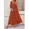 imagePRETTYGARDEN Fall Dresses for Women 2026 Long Sleeve Smocked Square Neck Swiss Dot Tiered Flowy Wedding Guest Maxi DressBrick Red