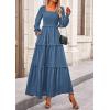 imagePRETTYGARDEN Fall Dresses for Women 2026 Long Sleeve Smocked Square Neck Swiss Dot Tiered Flowy Wedding Guest Maxi DressDark Blue