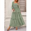 imagePRETTYGARDEN Fall Dresses for Women 2026 Long Sleeve Smocked Square Neck Swiss Dot Tiered Flowy Wedding Guest Maxi DressGrey Green