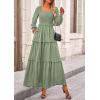 imagePRETTYGARDEN Fall Dresses for Women 2026 Long Sleeve Smocked Square Neck Swiss Dot Tiered Flowy Wedding Guest Maxi DressGrey Green