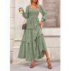imagePRETTYGARDEN Fall Dresses for Women 2026 Long Sleeve Smocked Square Neck Swiss Dot Tiered Flowy Wedding Guest Maxi DressGrey Green