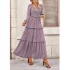 imagePRETTYGARDEN Fall Dresses for Women 2026 Long Sleeve Smocked Square Neck Swiss Dot Tiered Flowy Wedding Guest Maxi DressGrey Purple