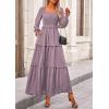 imagePRETTYGARDEN Fall Dresses for Women 2026 Long Sleeve Smocked Square Neck Swiss Dot Tiered Flowy Wedding Guest Maxi DressGrey Purple