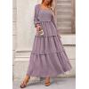imagePRETTYGARDEN Fall Dresses for Women 2026 Long Sleeve Smocked Square Neck Swiss Dot Tiered Flowy Wedding Guest Maxi DressGrey Purple