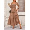 imagePRETTYGARDEN Fall Dresses for Women 2026 Long Sleeve Smocked Square Neck Swiss Dot Tiered Flowy Wedding Guest Maxi DressKhaki