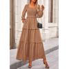 imagePRETTYGARDEN Fall Dresses for Women 2026 Long Sleeve Smocked Square Neck Swiss Dot Tiered Flowy Wedding Guest Maxi DressKhaki