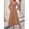 imagePRETTYGARDEN Fall Dresses for Women 2026 Long Sleeve Smocked Square Neck Swiss Dot Tiered Flowy Wedding Guest Maxi DressKhaki
