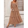 imagePRETTYGARDEN Fall Dresses for Women 2026 Long Sleeve Smocked Square Neck Swiss Dot Tiered Flowy Wedding Guest Maxi DressKhaki