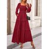 imagePRETTYGARDEN Fall Dresses for Women 2026 Long Sleeve Smocked Square Neck Swiss Dot Tiered Flowy Wedding Guest Maxi DressRed