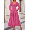 imagePRETTYGARDEN Fall Dresses for Women 2026 Long Sleeve Smocked Square Neck Swiss Dot Tiered Flowy Wedding Guest Maxi DressRose Red