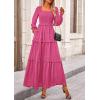 imagePRETTYGARDEN Fall Dresses for Women 2026 Long Sleeve Smocked Square Neck Swiss Dot Tiered Flowy Wedding Guest Maxi DressRose Red