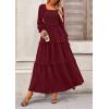 imagePRETTYGARDEN Fall Dresses for Women 2026 Long Sleeve Smocked Square Neck Swiss Dot Tiered Flowy Wedding Guest Maxi DressWine Red