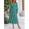 imagePRETTYGARDEN Long Sleeve Dress for Women Fall V Neck Tiered A Line Spring Elegant Modest Flowy Wedding Guest Maxi DressesBlue Green