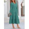 imagePRETTYGARDEN Long Sleeve Dress for Women Fall V Neck Tiered A Line Spring Elegant Modest Flowy Wedding Guest Maxi DressesBlue Green