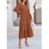 imagePRETTYGARDEN Long Sleeve Dress for Women Fall V Neck Tiered A Line Spring Elegant Modest Flowy Wedding Guest Maxi DressesBrown