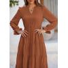 imagePRETTYGARDEN Long Sleeve Dress for Women Fall V Neck Tiered A Line Spring Elegant Modest Flowy Wedding Guest Maxi DressesBrown
