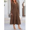 imagePRETTYGARDEN Long Sleeve Dress for Women Fall V Neck Tiered A Line Spring Elegant Modest Flowy Wedding Guest Maxi DressesCoffee